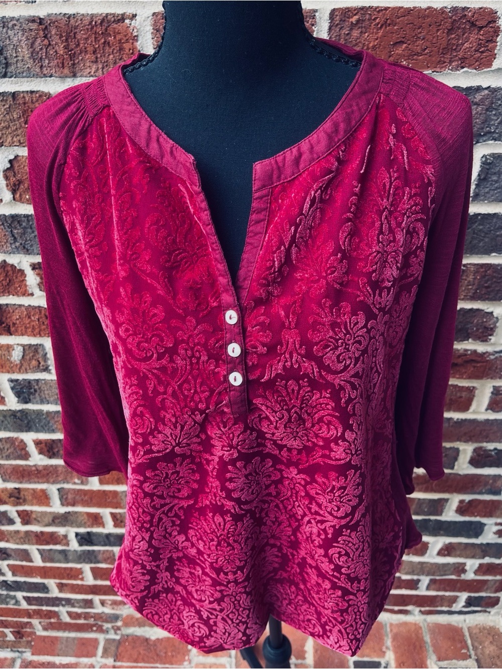 Excellent Whimsigoth vintage 2000s Burgundy Burnout Flocked Velvet floral Top -S